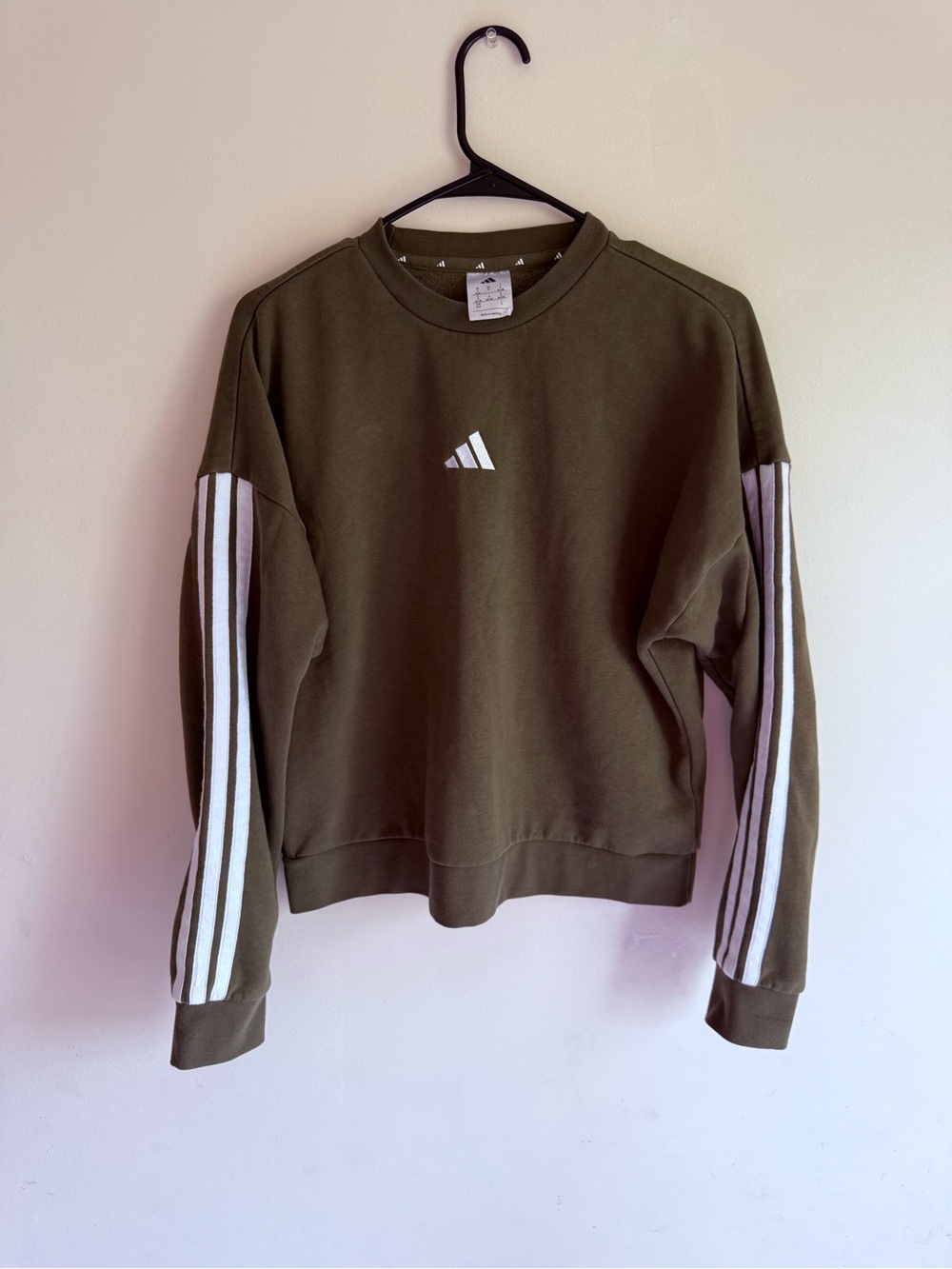 adidas Olive Crewneck Sweatshirt with White Stripe Sleeves